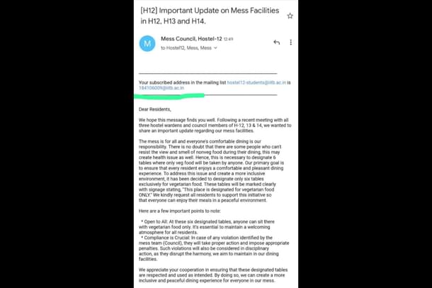 Communication formalising the vegetarian section on 27 September