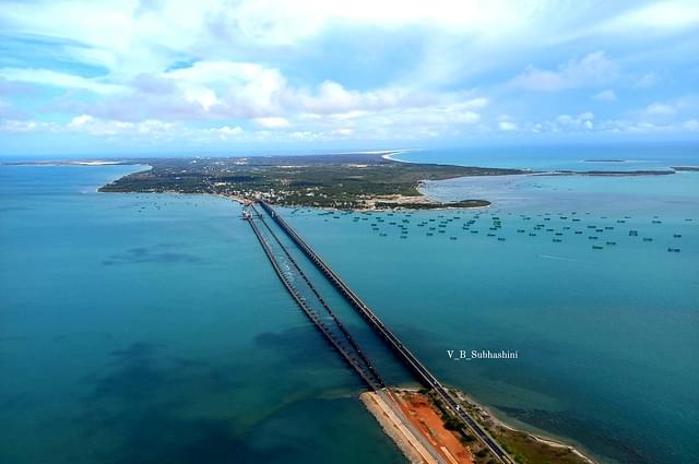 Aerial view of the bridge connecting Mandapam town in mainland India to Pamban Island 
(Image Credits: Author)
