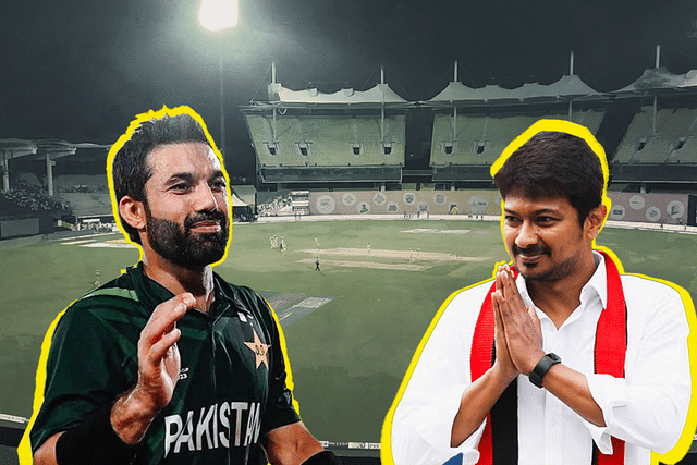 Pakistan cricketer Muhammad Rizwan (L) and Tamil Nadu Minister Udhayanidhi Stalin.