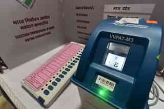 An VVPAT electronic voting machine on display.