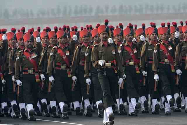 Indian Army soldiers march during the Army Day parade in New Delhi. (RAVEENDRAN/AFP/GettyImages)
