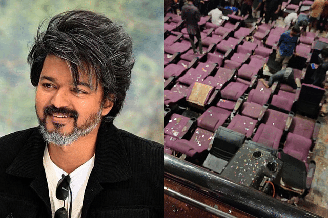 Actor Vijay (L); Damaged chairs at Rohini Theatre (R)