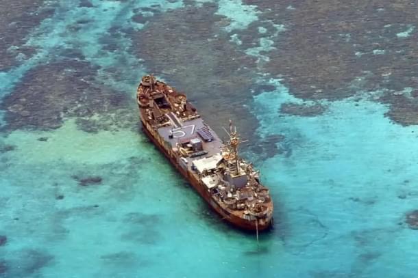 WW2-era vessel 'Sierra Madre' grounded at Second Thomas Shoal. (Image via sealight.live)