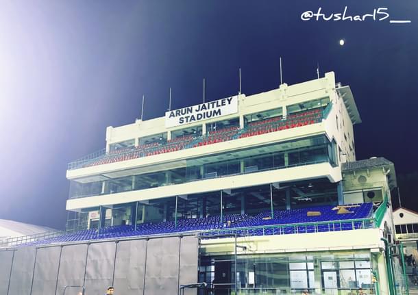 Old Clubhouse Stand, Arun Jaitley Stadium, under repairs in September 2023.