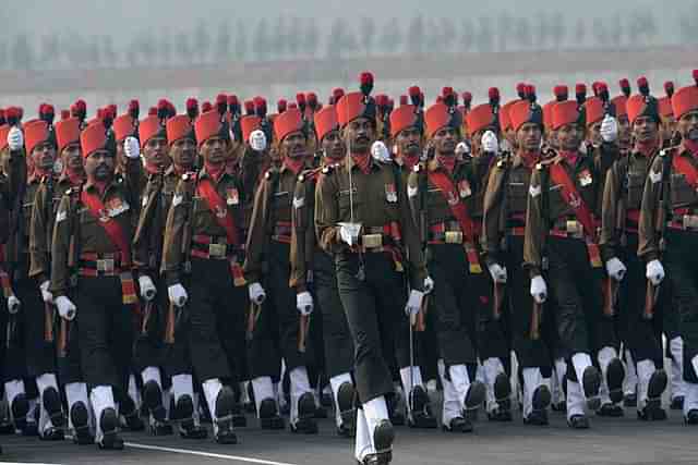 Indian Army soldiers march during the Army Day parade in New Delhi. (RAVEENDRAN/AFP/GettyImages)