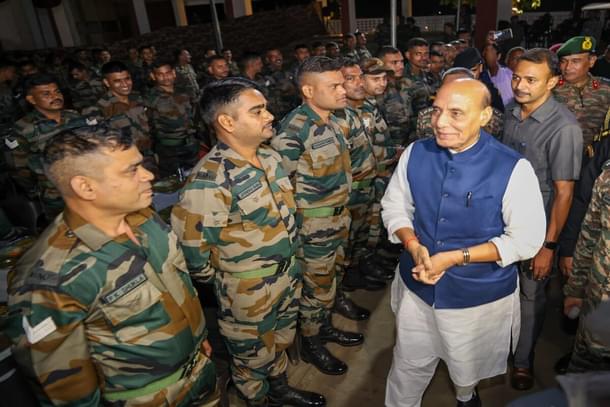 Rajnath Singh interacting with security personnel at Tezpur military station. (Pic via X @rajnathsingh)