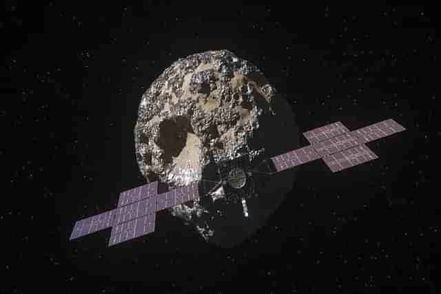 This illustration depicts NASA’s Psyche spacecraft as it approaches the asteroid Psyche. (@NASA_Marshall via X)