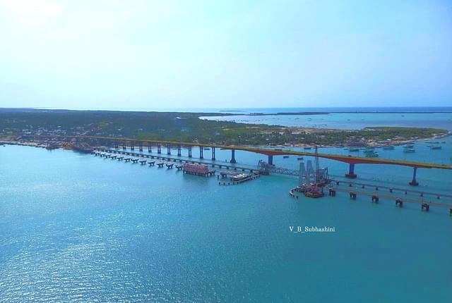 India's First Vertical-Lift Railway Sea Bridge aerial view  (Image Credits: Author)