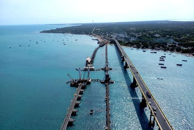 Aerial View  of India's First Vertical-Lift Railway Sea Bridge and Annai Indira Gandhi Road bridge   (Image Credits: Author)