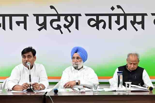 L to R: Govind Singh Dotasra, Sukhjinder Singh Randhava, CM Ashok Gehlot