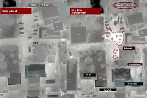 Still from the video released by Israeli Defence Forces (IDF), showing damages to the roof 30-45 metres from the hospital's parking lot. (Pic via X @IDF)