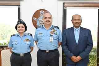 IAF Chief Air Chief Marshal V R Chaudhari with Air Marshal Sadhna Nair and K P Nair. (Picture via X @airnewsalerts)