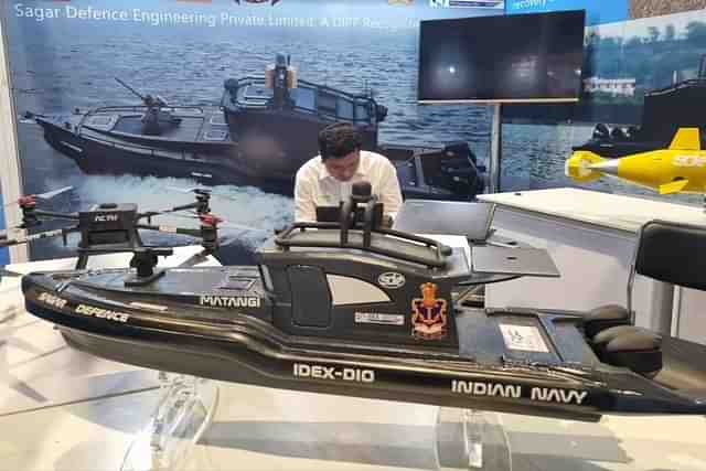 Sagar Defence Engineering weaponised autonomous SWARM boat 'Mata Matangi' displayed at Swavlamban 2.0 seminar held at Bharat Mandapam. (Picture via X @NewsIADN)