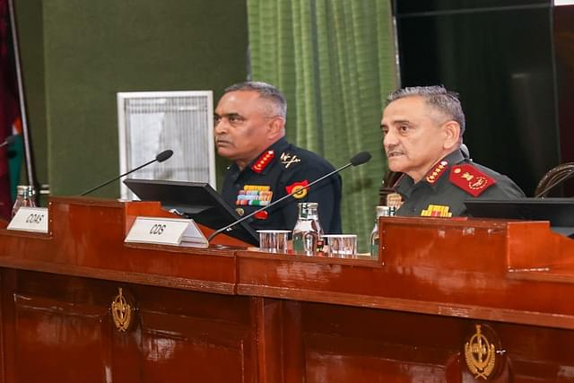 Army Chief General Manoj Pande and CDS Lt. General Anil Chuahan addressing Army Commanders' Conference. (Pic via X @adgpi)