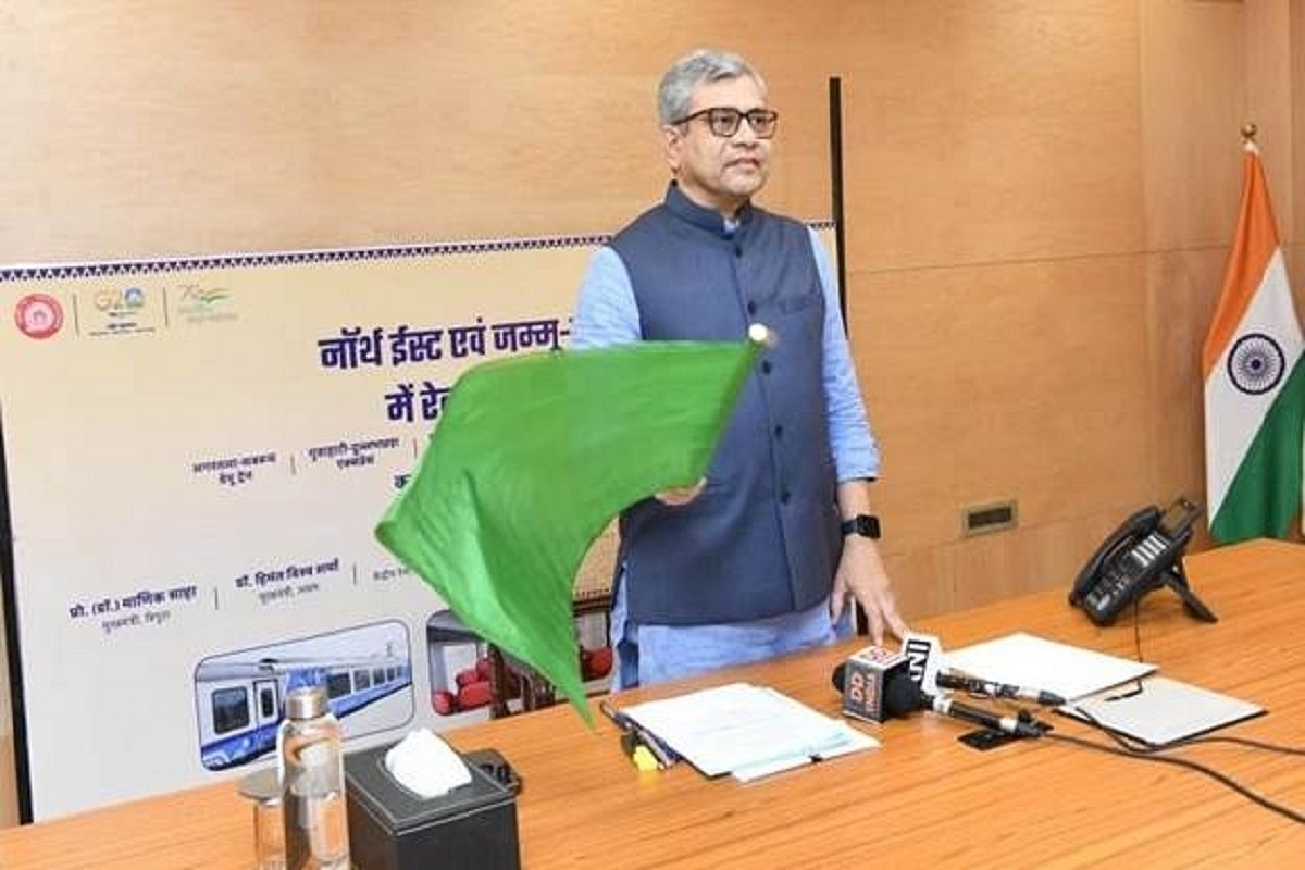 Railway Minister Ashwini Vaishnaw flagging off new train services for North East and Jammu and Kashmir via video conferencing.