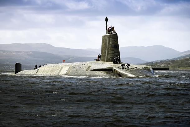 Vanguard-class nuclear submarine (SSBN) in the dock at HM Naval Base Clyde, at Faslane. (File photo via X/DefenceHQ)