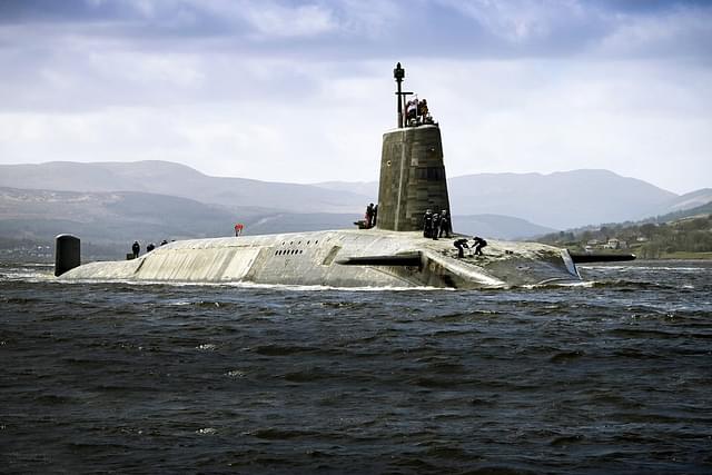 Vanguard-class nuclear submarine (SSBN) in the dock at HM Naval Base Clyde, at Faslane. (File photo via X/DefenceHQ)