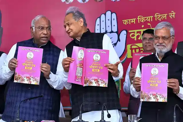 Congress President Mallikarjun Kharge with Rajasthan Chief Minister Ashok Gehlot and party leaders release the party's manifesto for the state assembly elections.