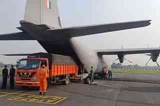 IAF's C-130J-30 aircraft unloading supplies following earthquake in Nepal on 5 November. (Pic via X @IAF_MCC)