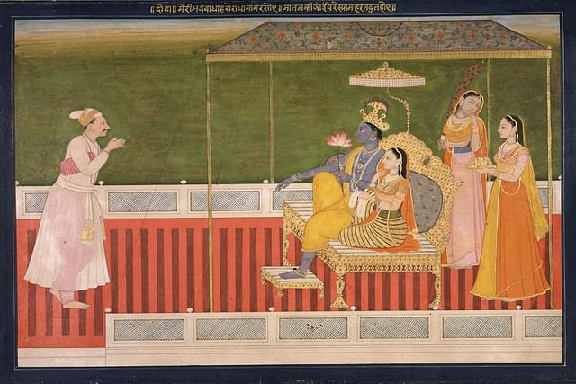 The poet Bihari offering homage in the court of Radha and Krishna. Attributed to Nainsukh. (Philadelphia Museum of Art)