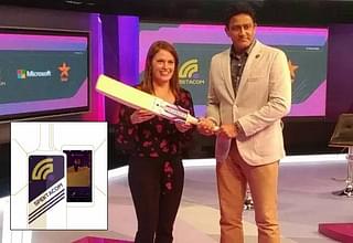 Anil Kumble with Peggy Johnson, Executive Vice President, Microsoft, at the launch of Spektacom. Inset: the credit card-sized sensor that is attached to the bat.
