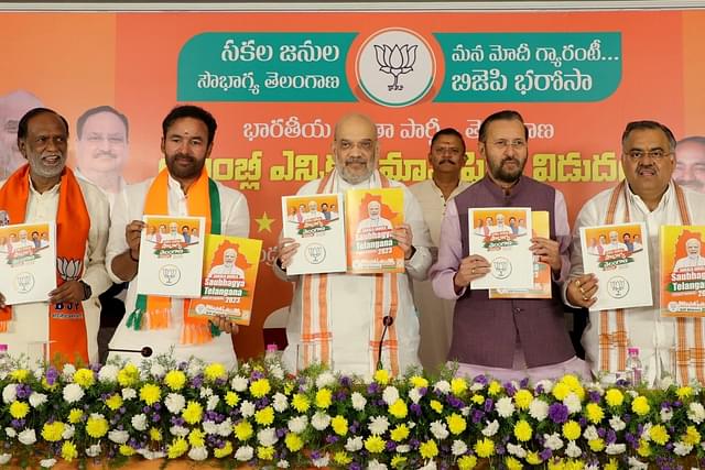 Union Home Minister Amit Shah at a press conference in Hyderabad.
