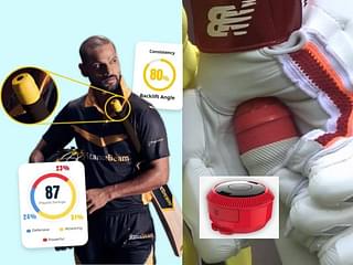 Shikhar Dhawan with StanceBeam (left) and SmartCricket’s BatSense, two batting analytical aids