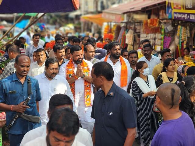 Raja Singh canvasses in Sultan Bazar, a neighbourhood in Goshamahal assembly constituency. (Raja Singh/X)