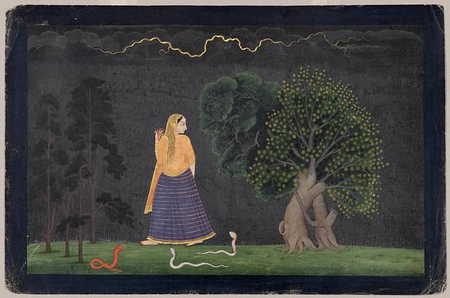 Abhisarika Nayika (heroine setting out at night to meet her beloved). Attributed family of Nainsukh. (Wikimedia Commons)