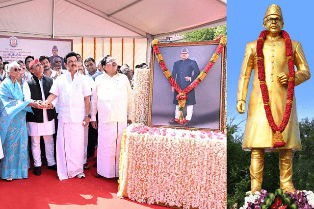 Chief Minister Stalin and Akhilesh Yadav unveiling the statue of VP Singh (CMO Tamil Nadu/Twitter)