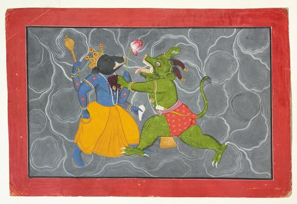 Varaha and Hiranyaksha. Attributed to Manaku. (Wikimedia Commons)