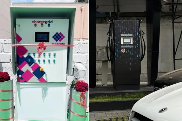 Left: Magenta Mobility has developed PLENT, a charging station with 12 outlets. Right:  Mercedes-Benz has created special public charging stations for its elite customers