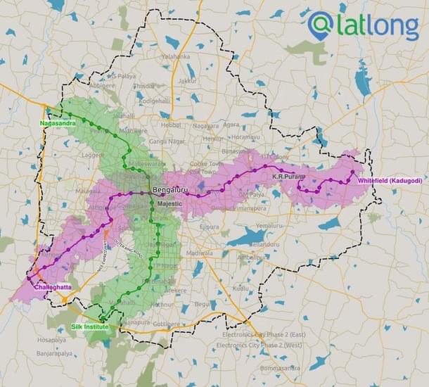 The currently operational corridors of Bengaluru metro (Source: latlong.ai)