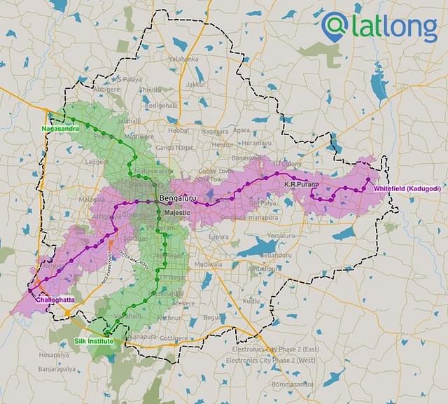 The currently operational corridors of Bengaluru metro (Source: latlong.ai)