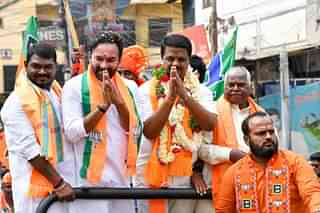 Telangana BJP chief G Kishan Reddy campaigning in Hyderabad.