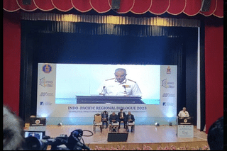 Indian Navy Chief Admiral R Hari Kumar speaking at Indo-Pacific Regional Dialogue (IPRD) 2023. (Image via X/@sidhant)