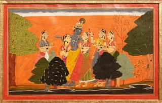 Krishna and Gopikas. Attributed to Manaku. (Wikimedia Commons)