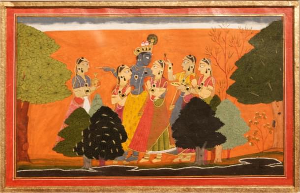 Krishna and Gopikas. Attributed to Manaku. (Wikimedia Commons)