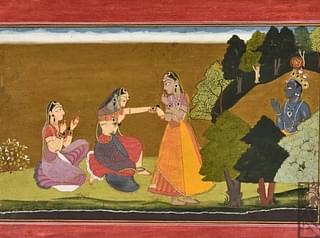 Sakhis take Radha to meet Krishna. Attributed to Manaku (Wikimedia Commons)