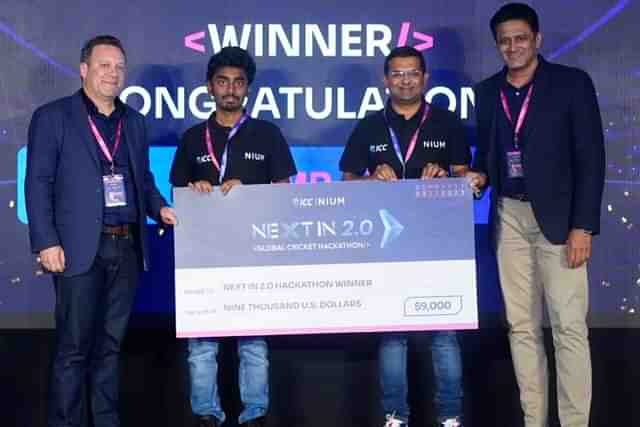 The winning team StumpEye with Hackathon Ambassador Anil Kumble and ICC Head of Digital Finn Bradshaw