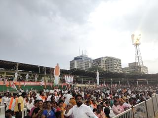 The crowd at the Lal Bahadur Shastri stadium ahead of PM Modi's speech in Hyderabad (Photo: Sharan Setty/Swarajya)