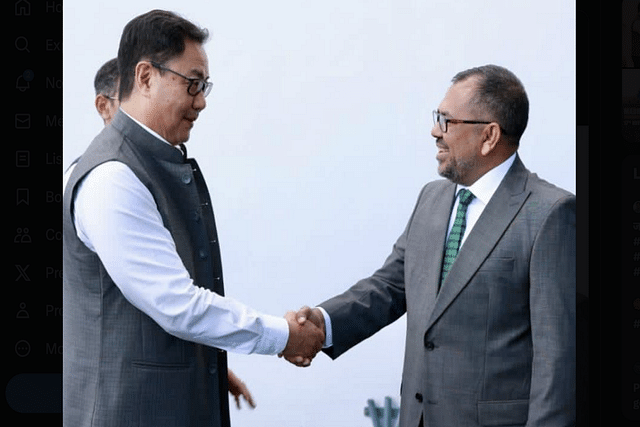Moosa Zameer, former minister in Maldives government receiving Kiren Rijiju. (Pic via X @MoosaZameer)