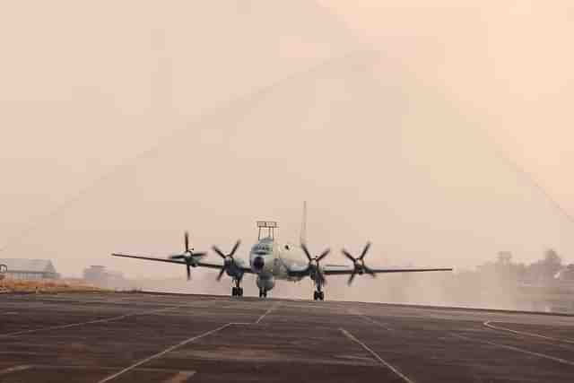 IL-38 Sea Dragon aircraft undergoing water salute after its decommissioning. (Pic via X @indiannavy)