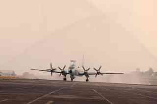 IL-38 Sea Dragon aircraft undergoing water salute after its decommissioning. (Pic via X @indiannavy)