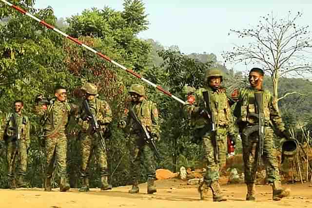 Soliders of the Arakan Army patrolling an area captured from the military.