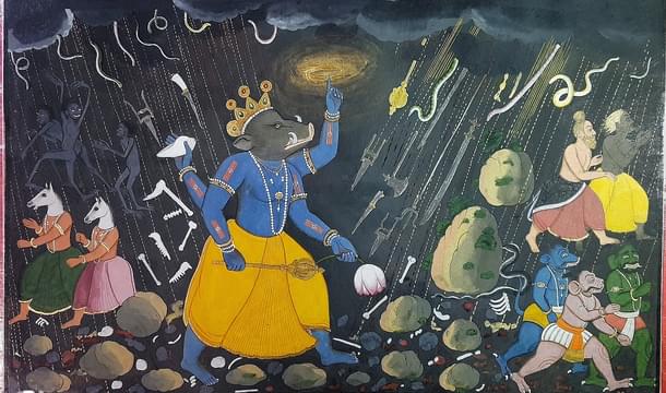 Vishnu as Varaha challenges Hiranyaksha, Bhagavata Purana series. Attributed to Manaku. (Wikimedia Commons)
