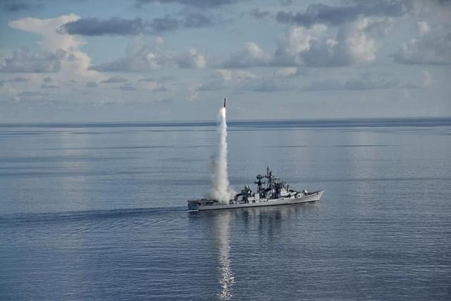 Indian Navy destroyer from the eastern fleet firing a BrahMos supersonic cruise missile. (Pic via X @indiannavy)