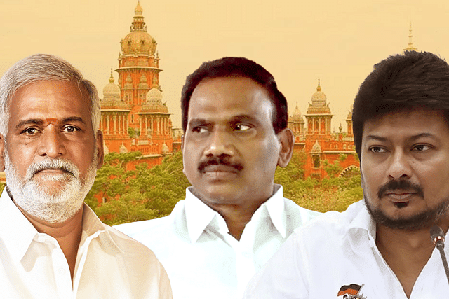 Sekar Babu (L), A Raja (C), Udhayanidhi Stalin (R)