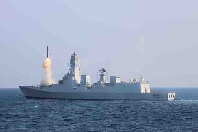 Indian Navy's Visakhapatnam-class destroyer — INS Imphal firing BrahMos missile. (Pic via X @IN_WNC)