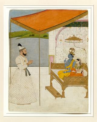 Raja Balwant Singh's vision of Radha and Krishna. Attributed to Nainsukh. (The MET)